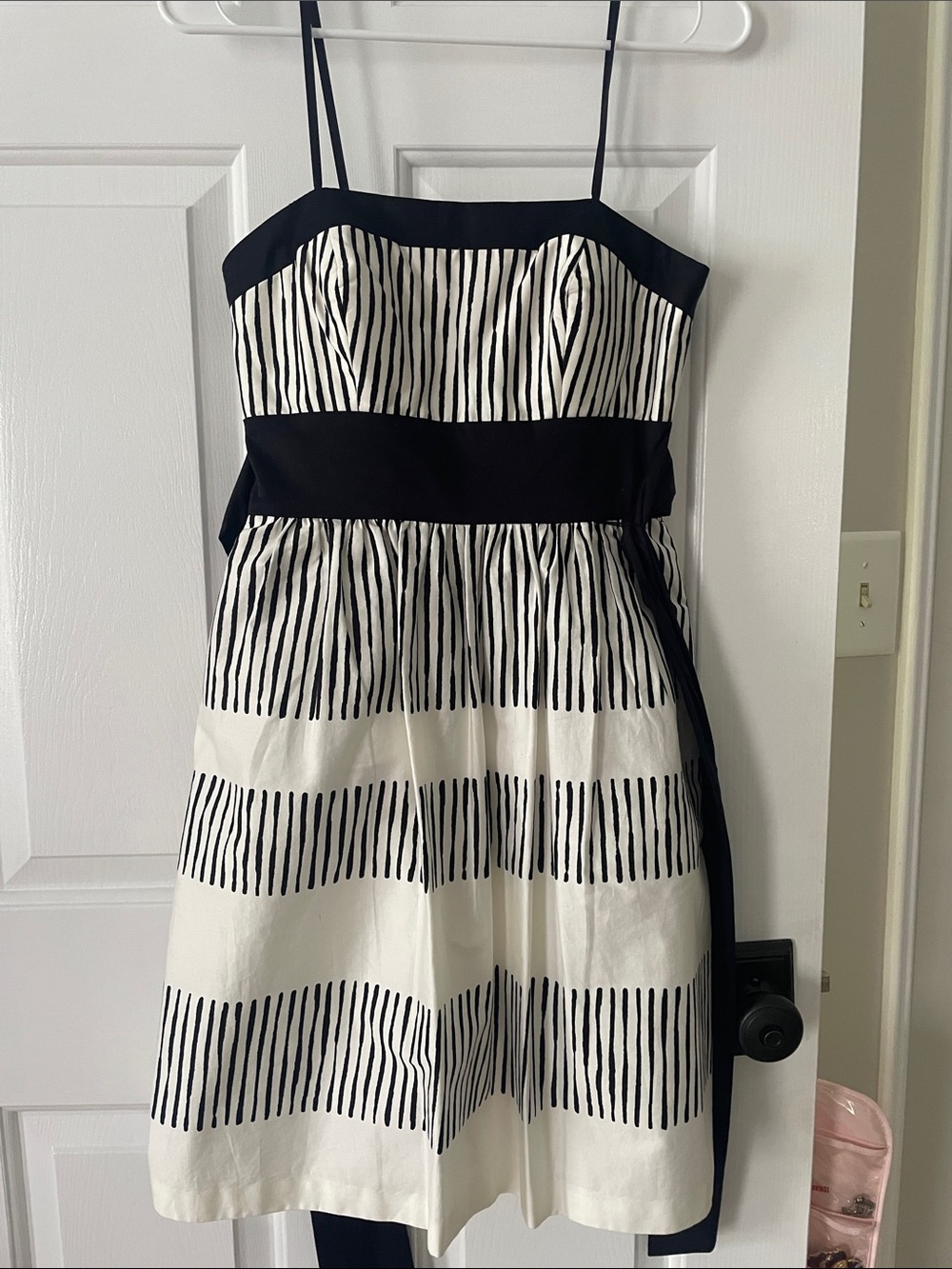 Max & Cleo Black and White Striped Fit-and-Flare Mini Dress with Waist Band